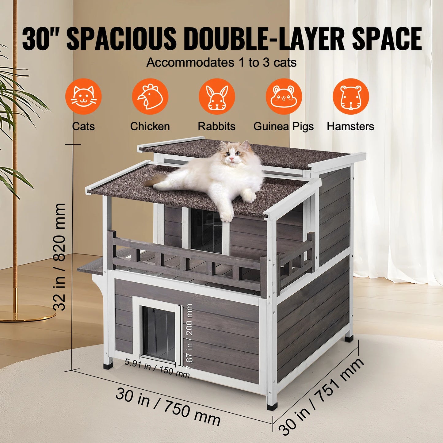 SucceBuy Outdoor Cat House Weatherproof 2 Story Cedar Wood Shelter Balcony