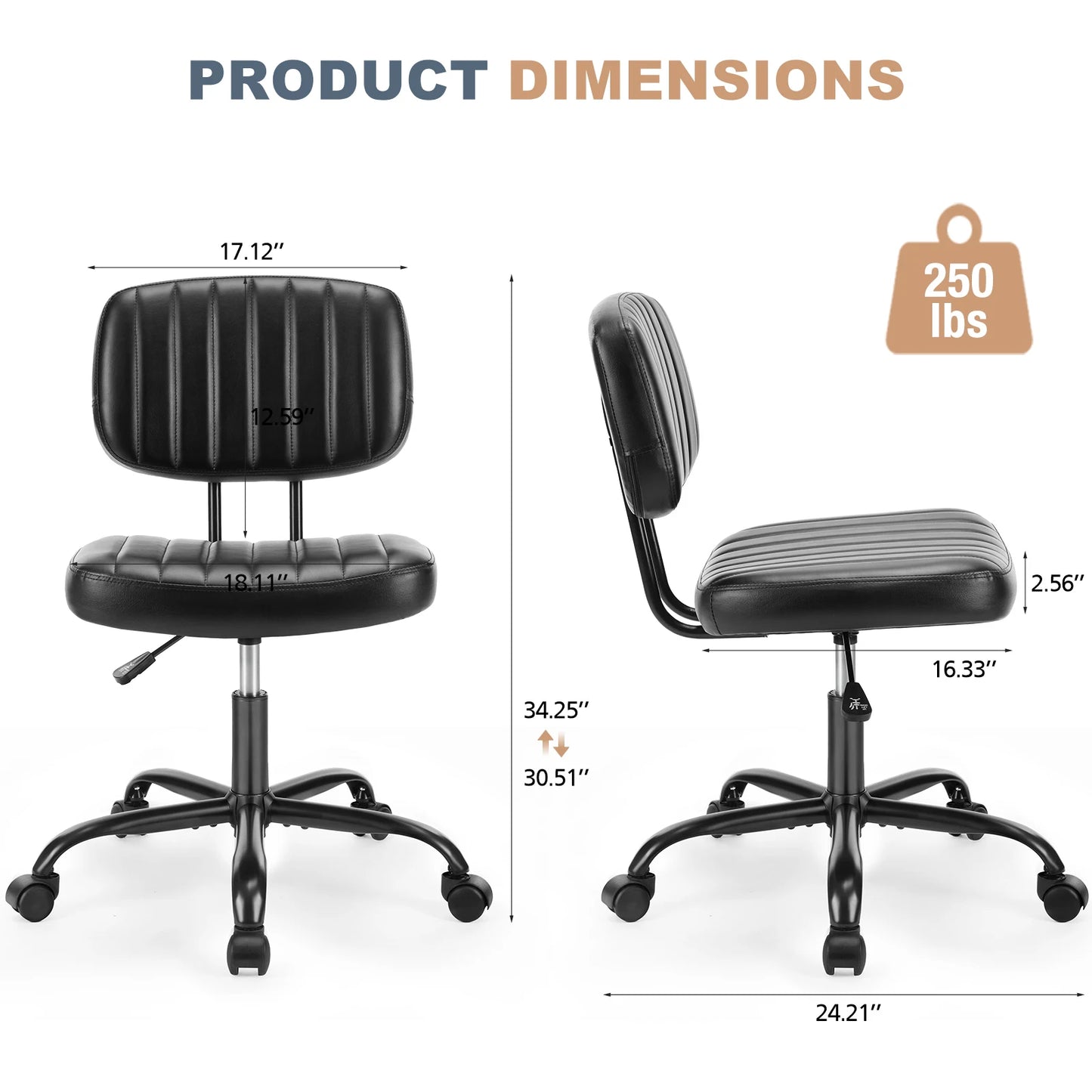 JHK Armless Office Chair Lumbar Support And 360 Degree Swivel