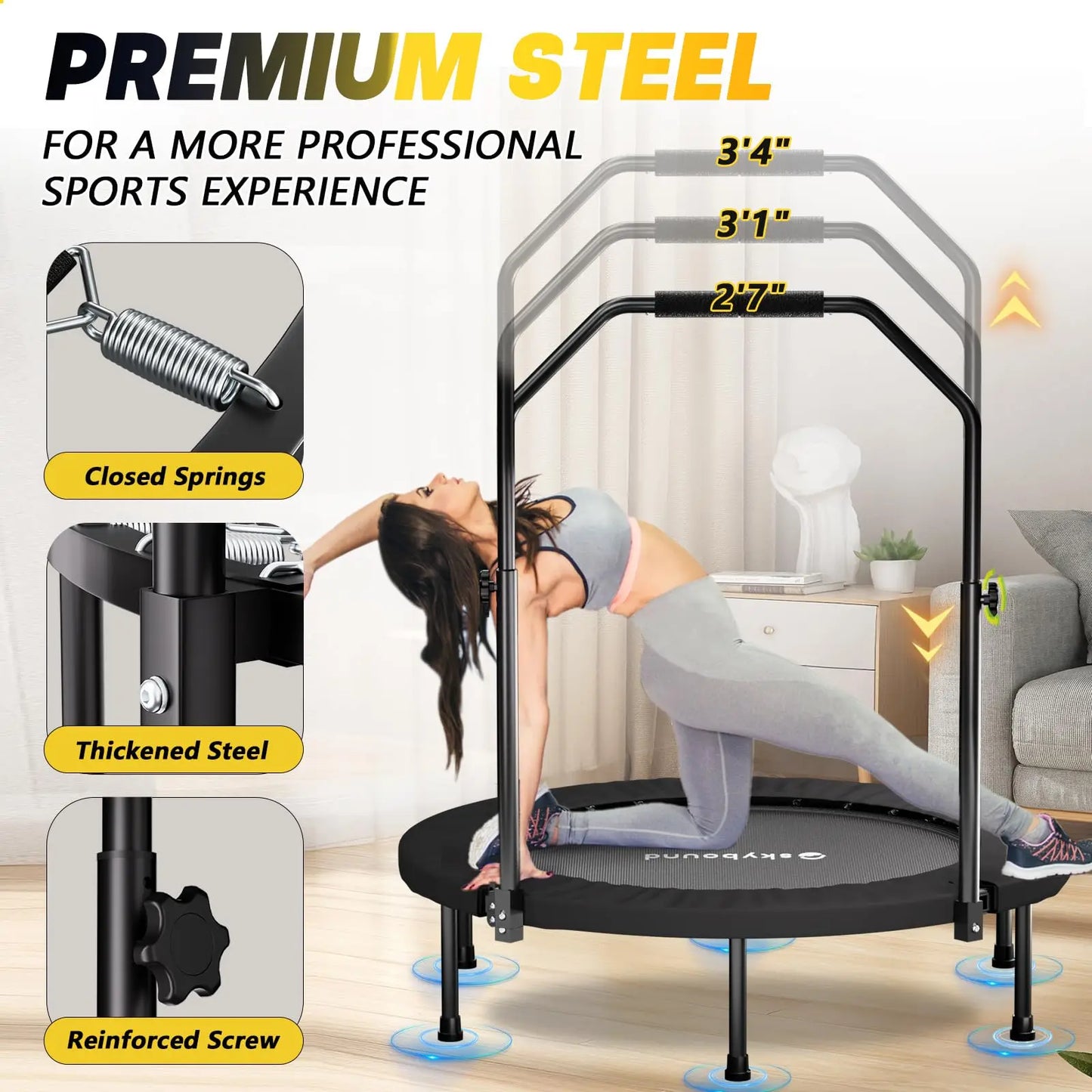 Folding Fitness Rebounder Trampoline With Adjustable U Bar Handle