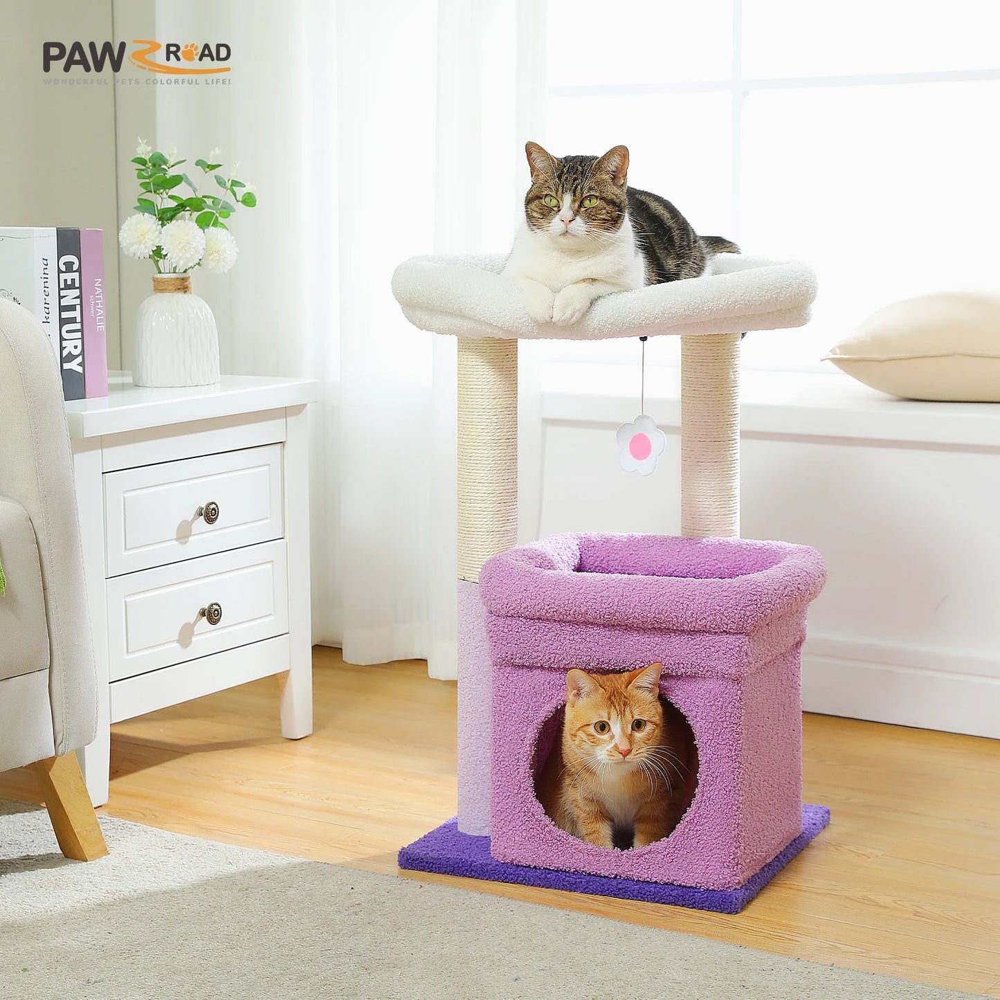 PEQULTI Cat Tree Tower With Cozy Condo Natural Sisal Posts Plush For 1 To 2 Cats
