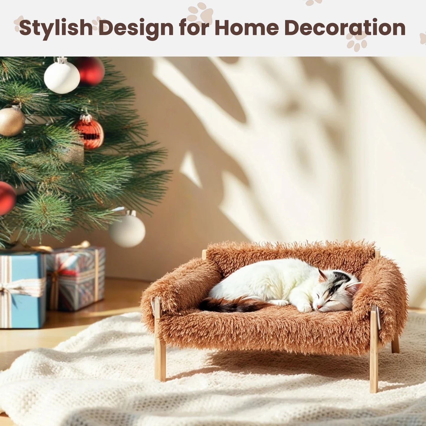 Raised Plush Cat Sofa Bed On Wooden Frame For Cats