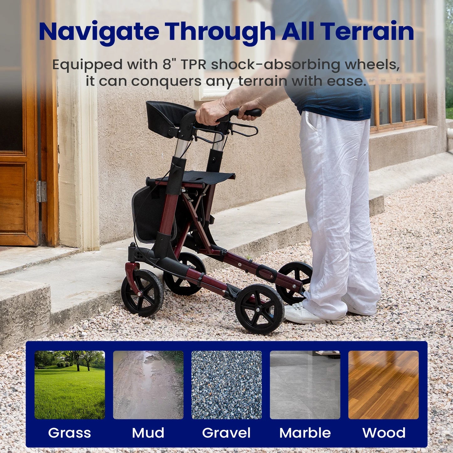 Maidesite Foldable Rollator Walker With Seat For Seniors All Terrain