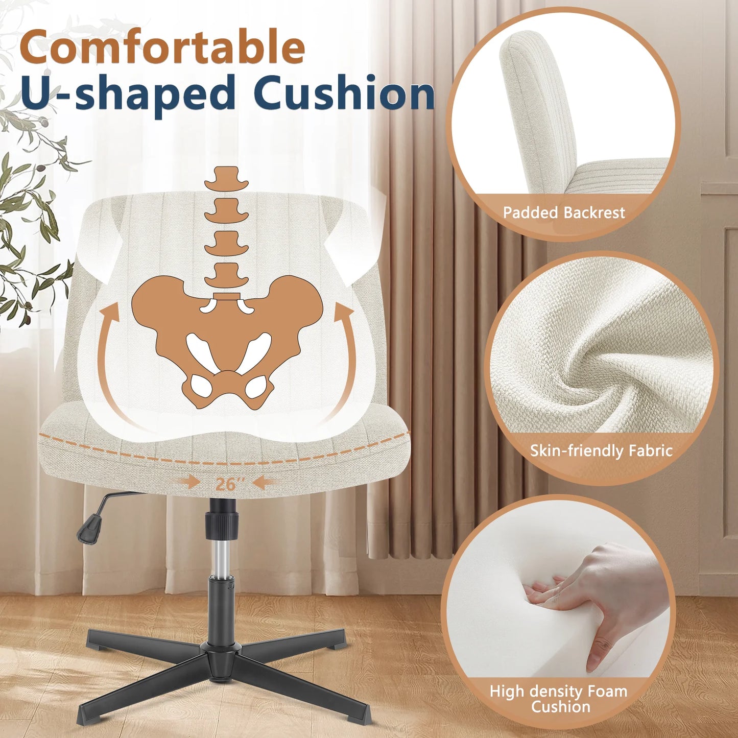 JHK Cross Legged Rocking Gaming Chair Armless Swivel Fabric Desk