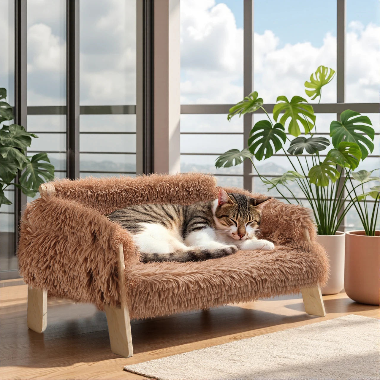 Raised Plush Cat Sofa Bed On Wooden Frame For Cats