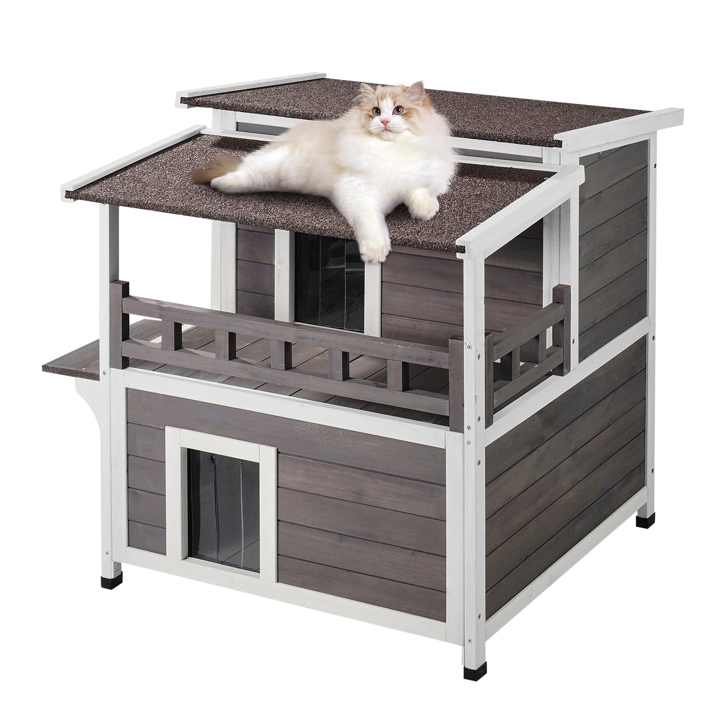 SucceBuy Outdoor Cat House Weatherproof 2 Story Cedar Wood Shelter Balcony