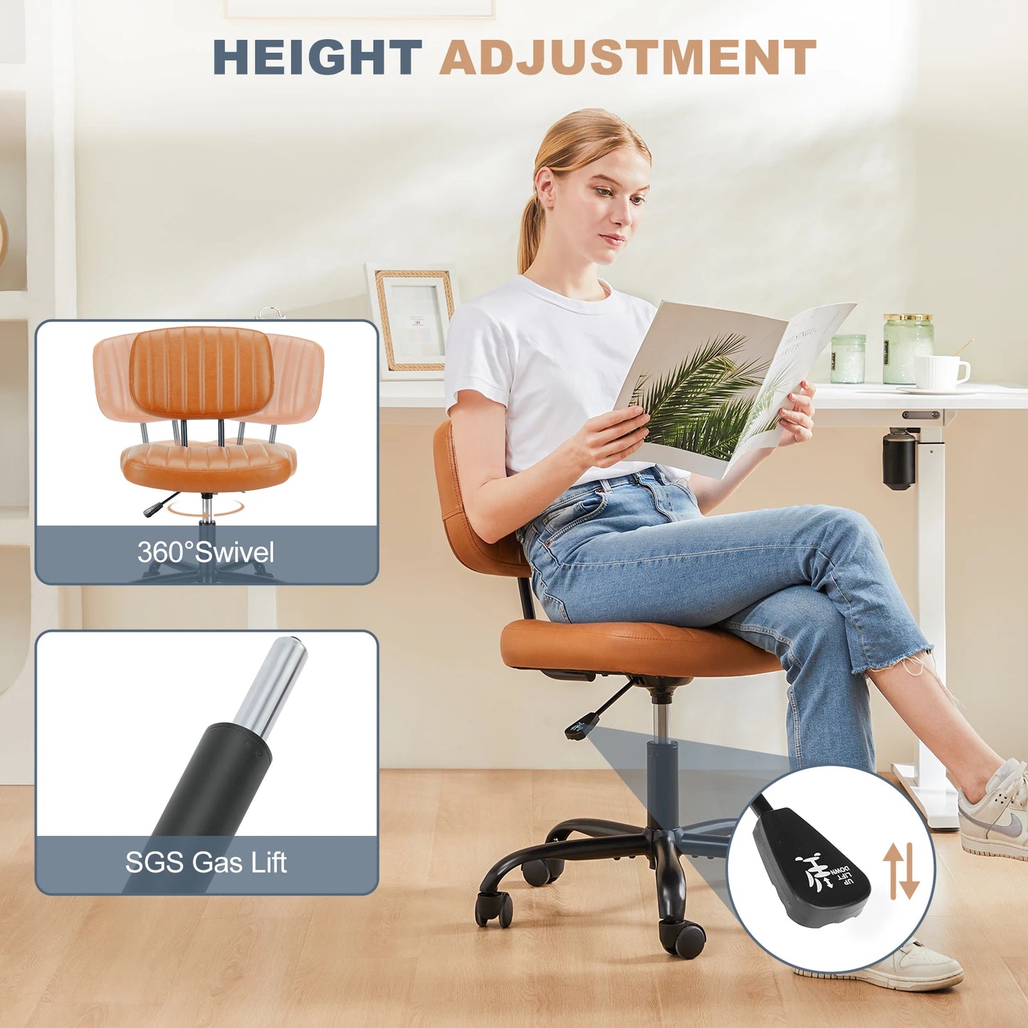 JHK Armless Office Chair Lumbar Support And 360 Degree Swivel