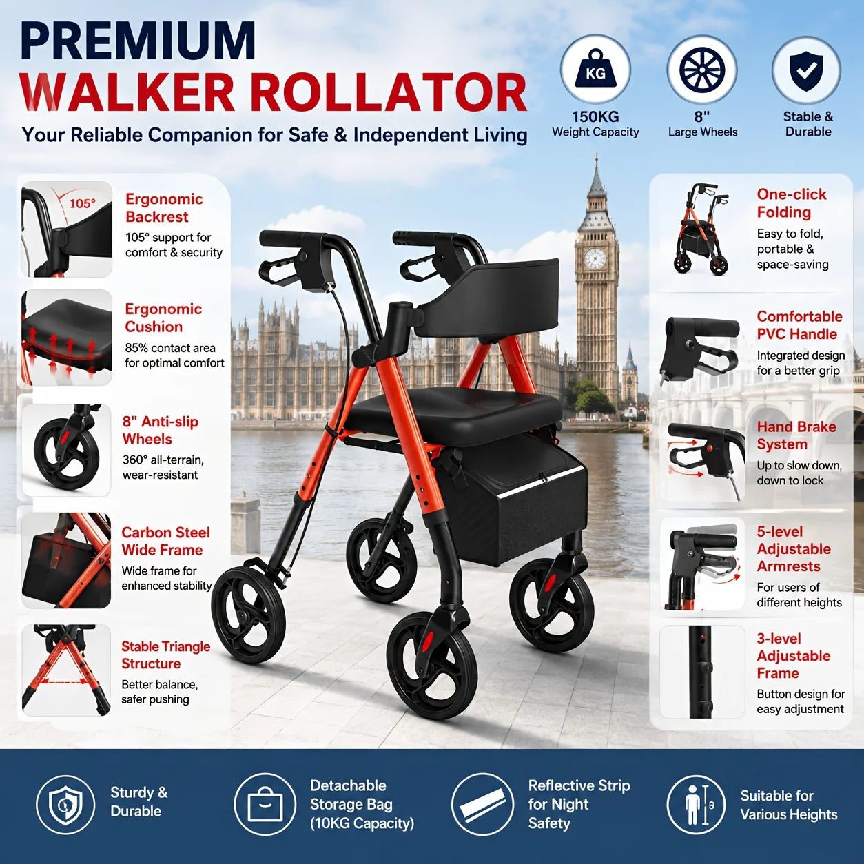 Maidesite Rollator Walker For Seniors With Seat And Aluminum Frame