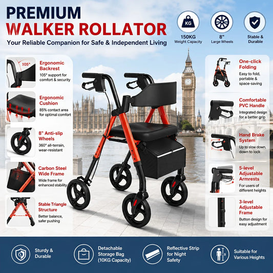Maidesite Rollator Walker For Seniors With Seat And Aluminum Frame