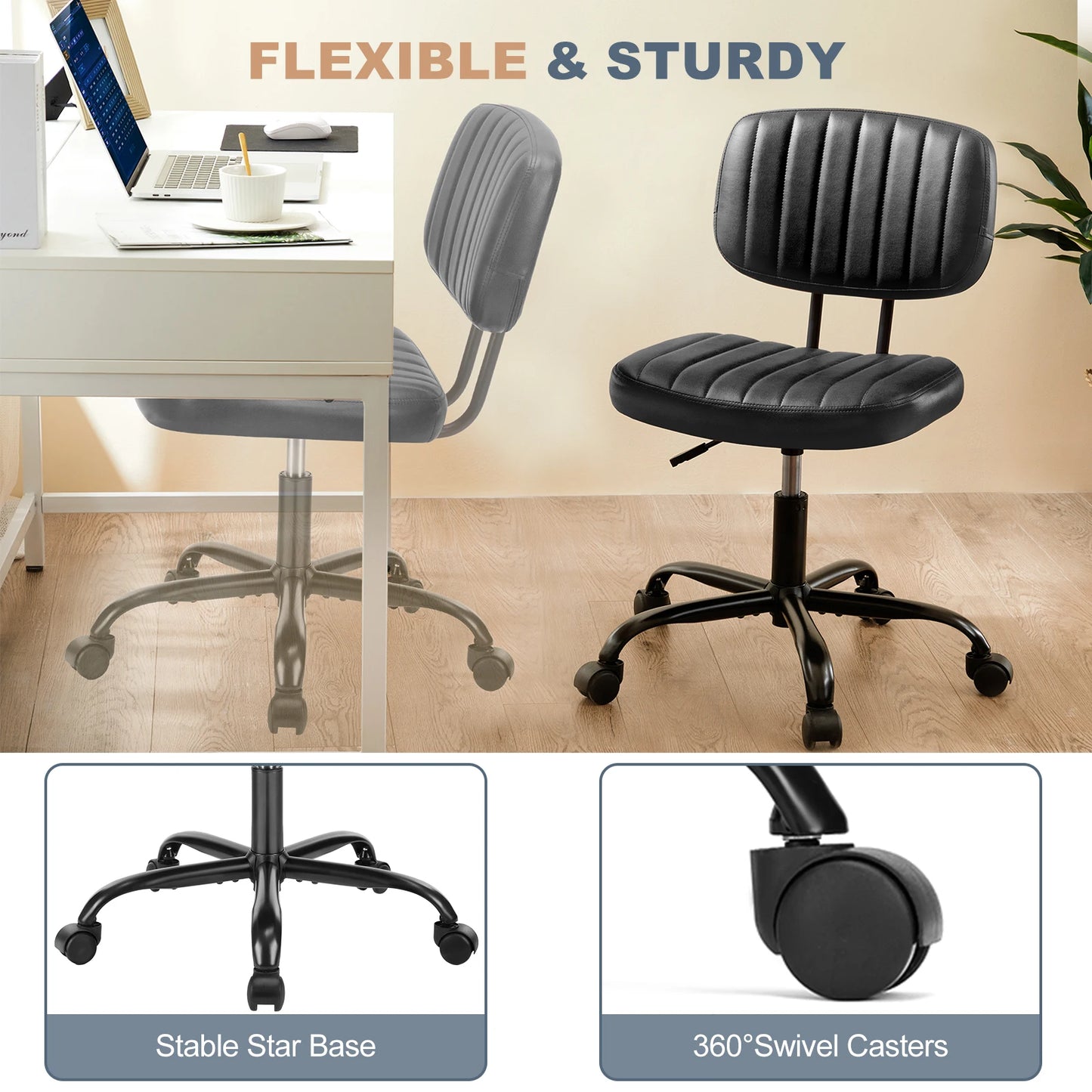 JHK Armless Office Chair Lumbar Support And 360 Degree Swivel