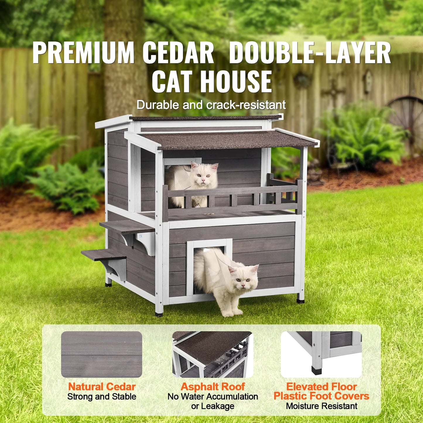 SucceBuy Outdoor Cat House Weatherproof 2 Story Cedar Wood Shelter Balcony