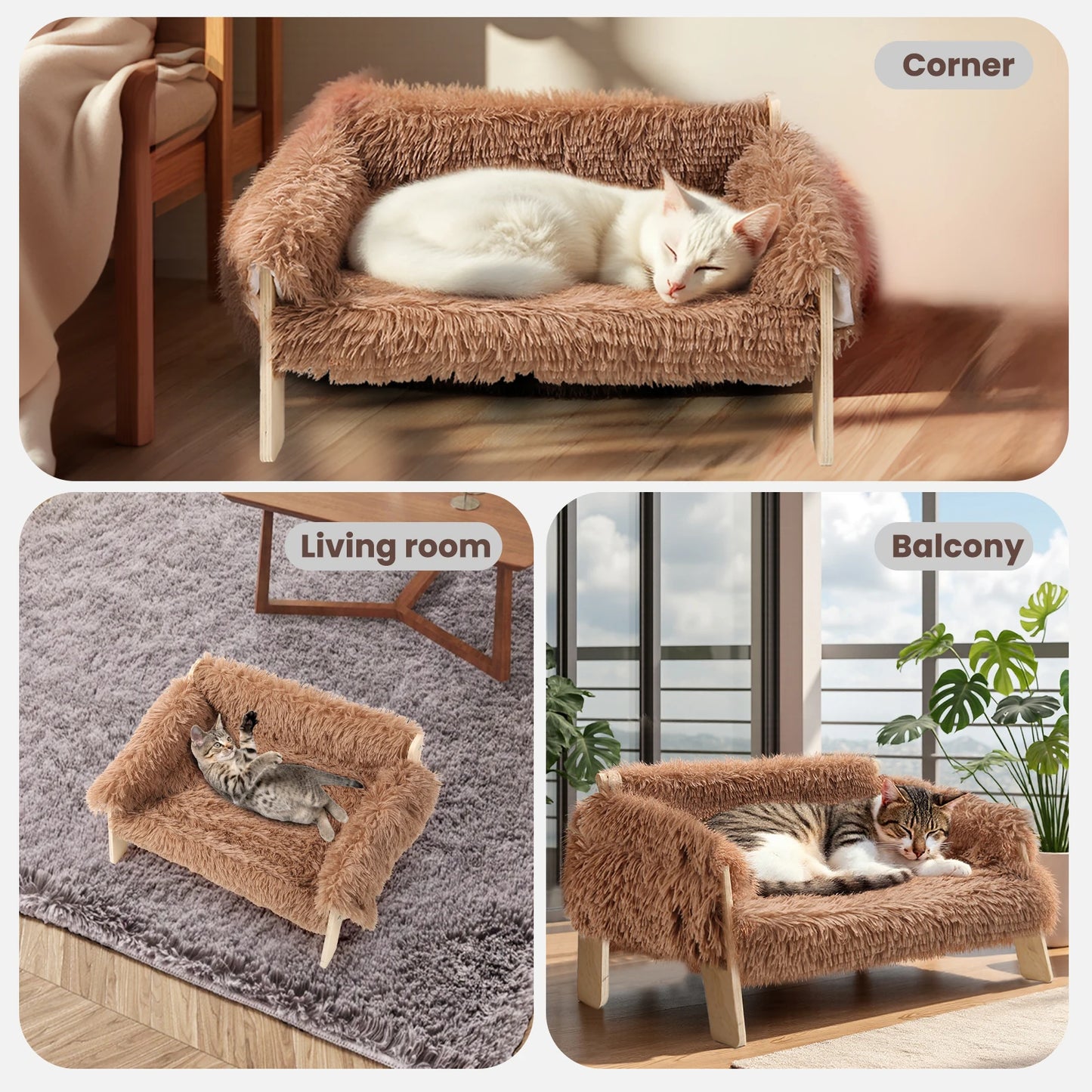 Raised Plush Cat Sofa Bed On Wooden Frame For Cats