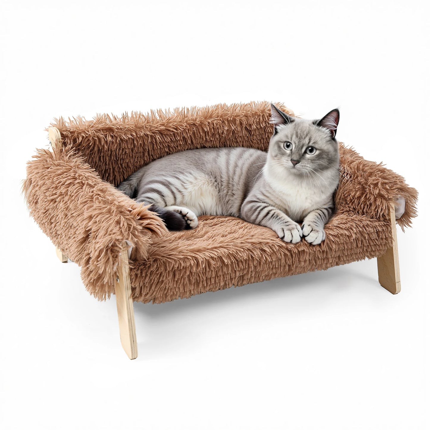Raised Plush Cat Sofa Bed On Wooden Frame For Cats