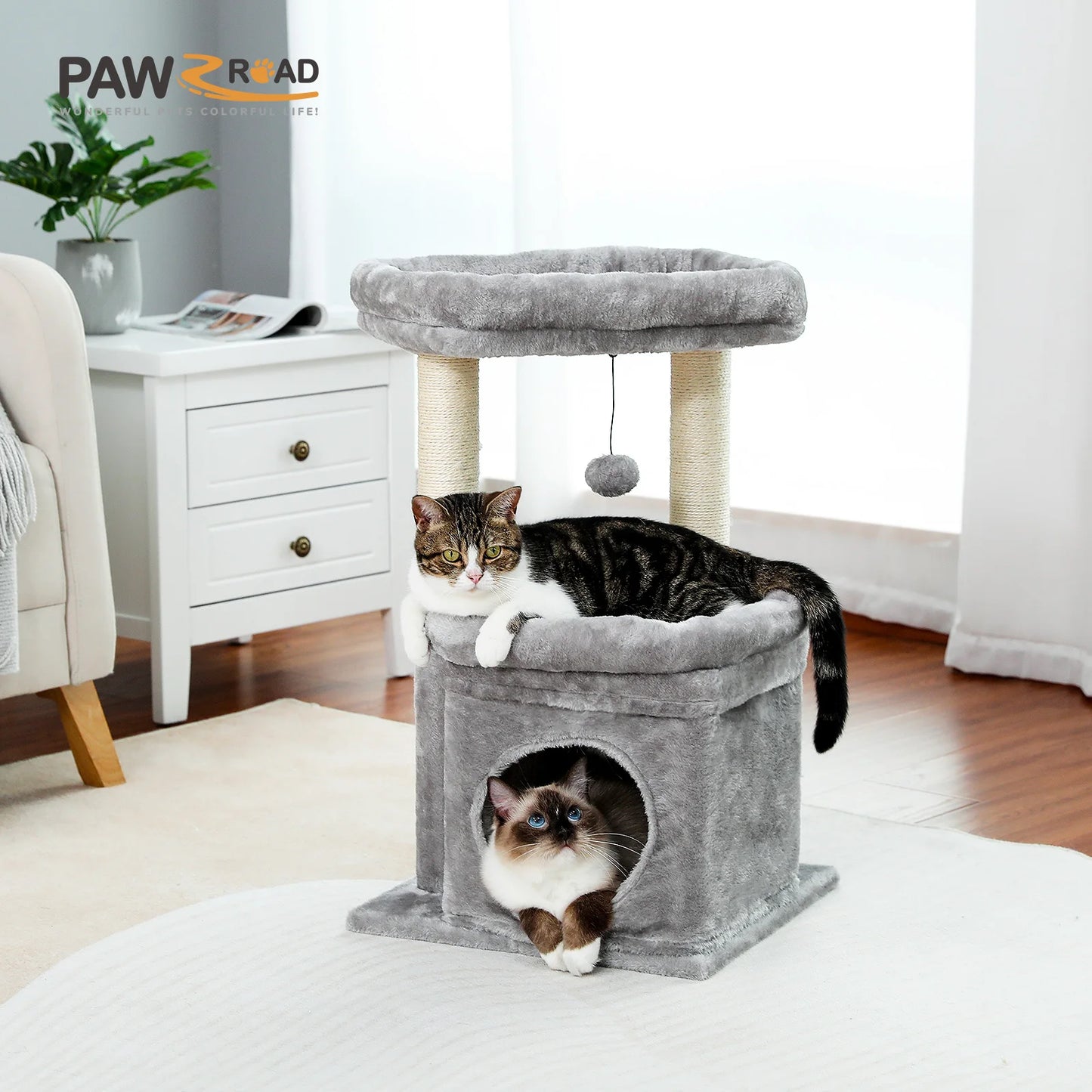 PEQULTI Cat Tree Tower With Cozy Condo Natural Sisal Posts Plush For 1 To 2 Cats