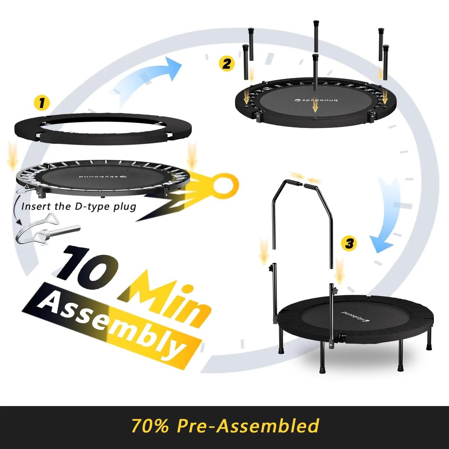 Folding Fitness Rebounder Trampoline With Adjustable U Bar Handle