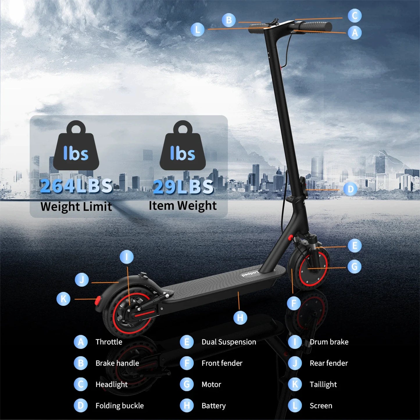 Ladped LP07 Electric Scooter 350W 19MPH Dual Suspension 23 Miles