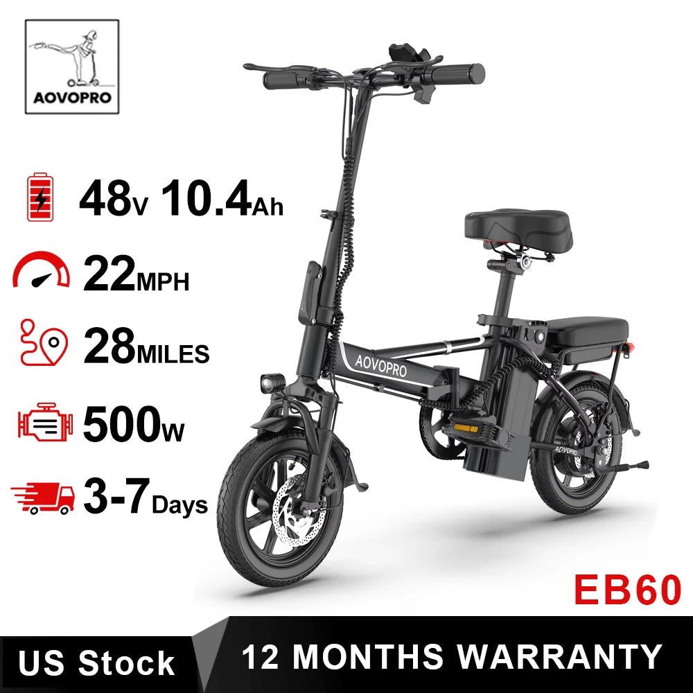 AOVOPRO Foldable Ebike 500W 48V Long Range Electric Bicycle