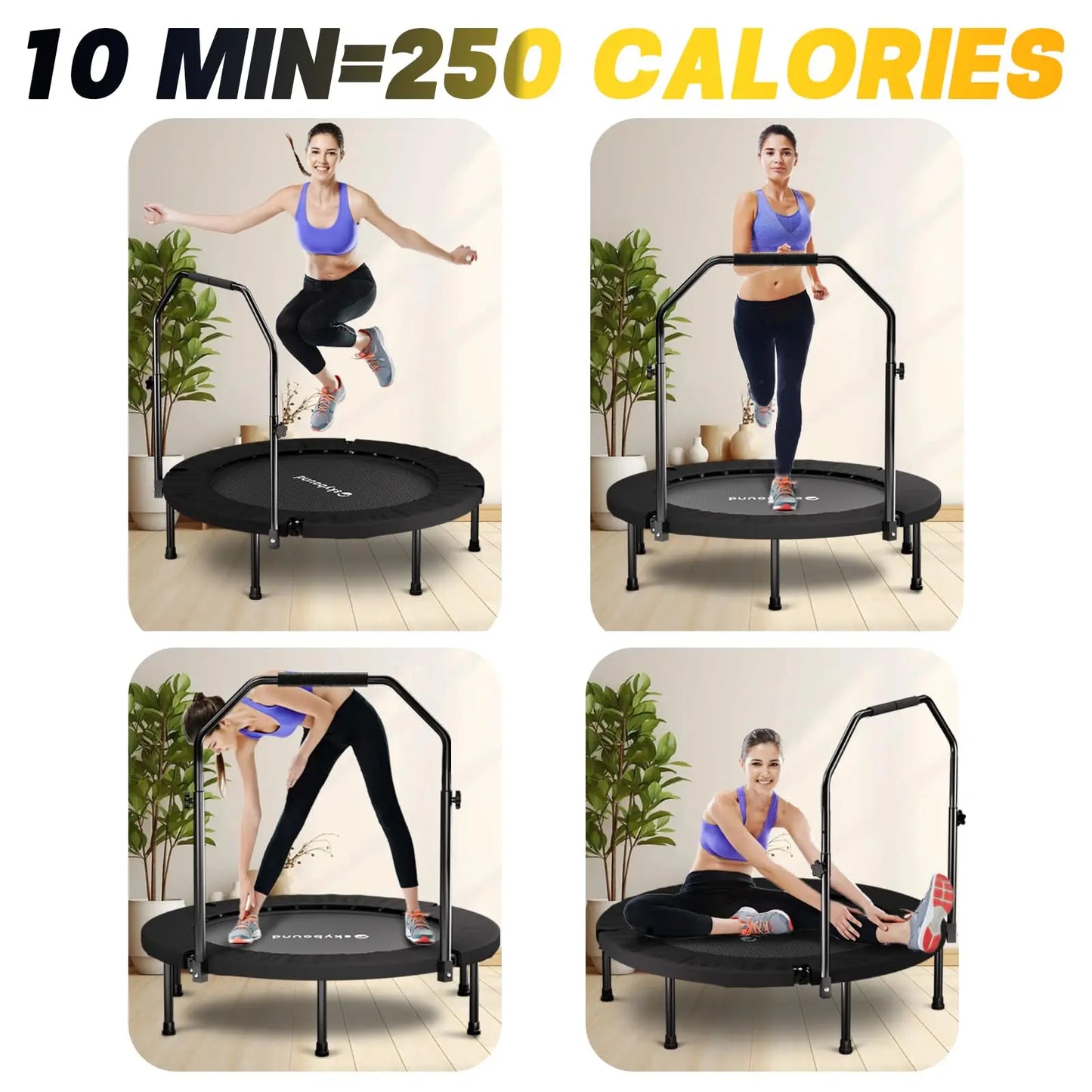 Folding Fitness Rebounder Trampoline With Adjustable U Bar Handle