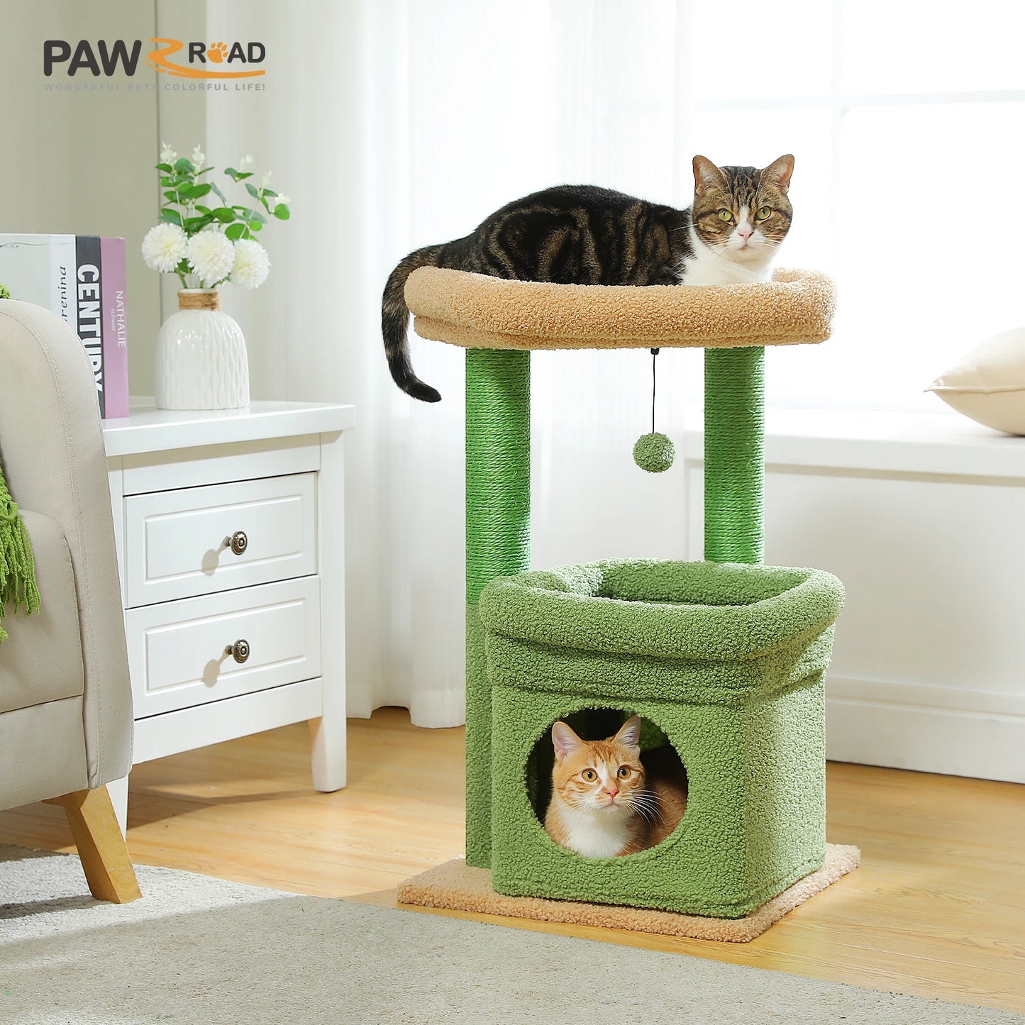 PEQULTI Cat Tree Tower With Cozy Condo Natural Sisal Posts Plush For 1 To 2 Cats