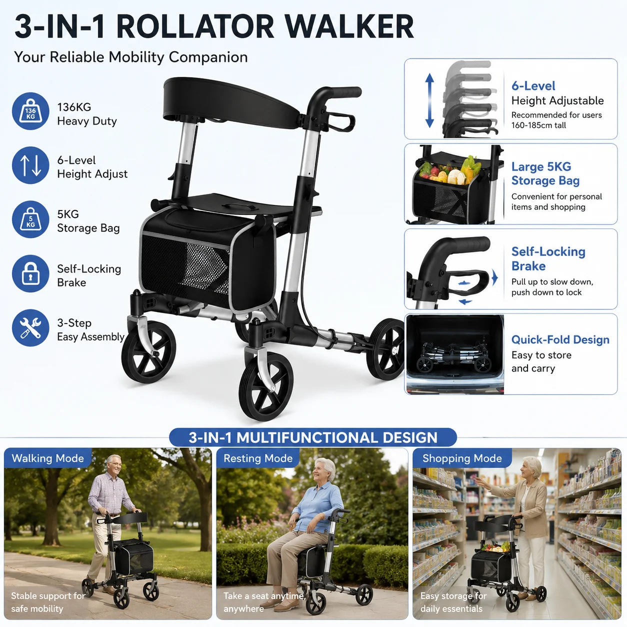 Maidesite Foldable Rollator Walker With Seat For Seniors All Terrain