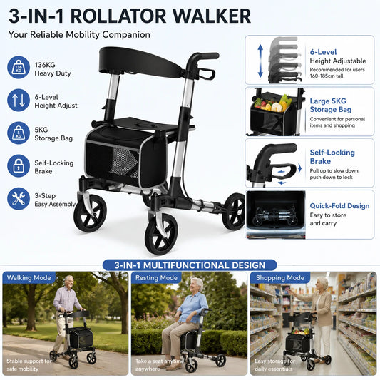 Maidesite Foldable Rollator Walker With Seat For Seniors All Terrain
