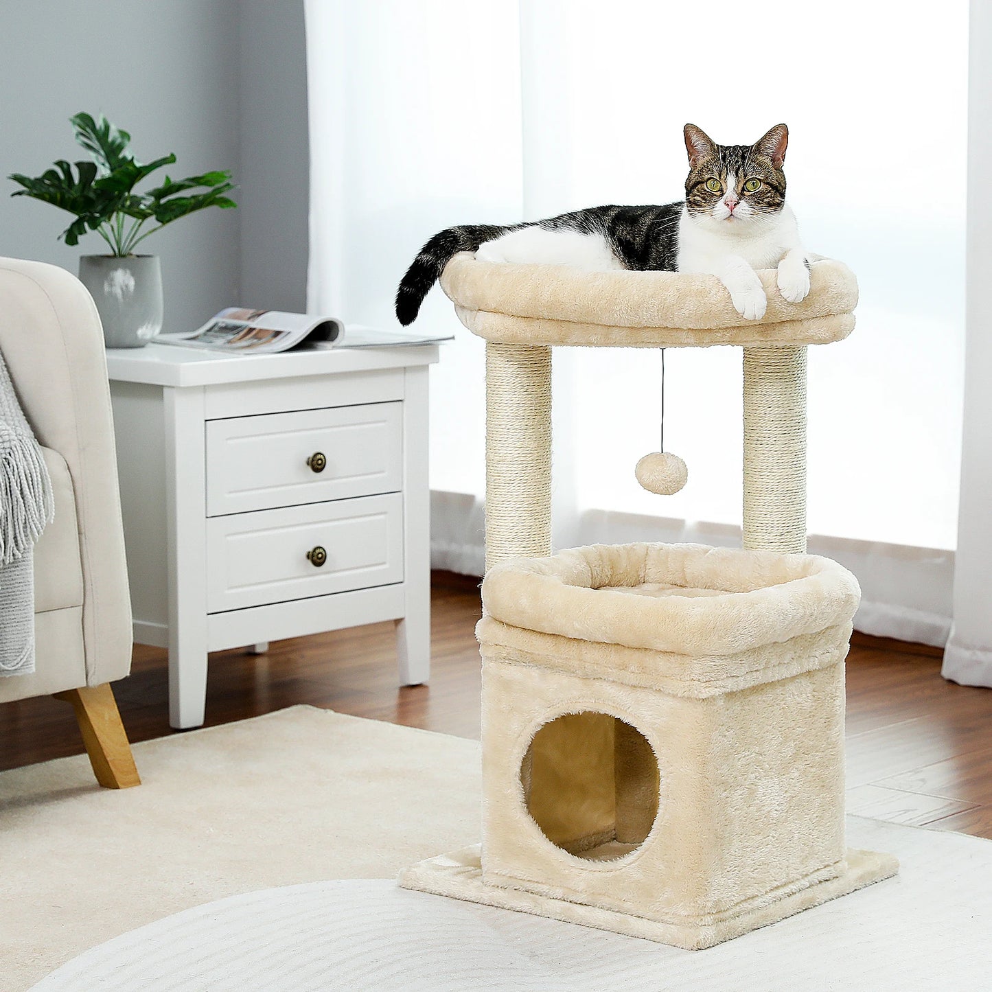 PEQULTI Cat Tree Tower With Cozy Condo Natural Sisal Posts Plush For 1 To 2 Cats