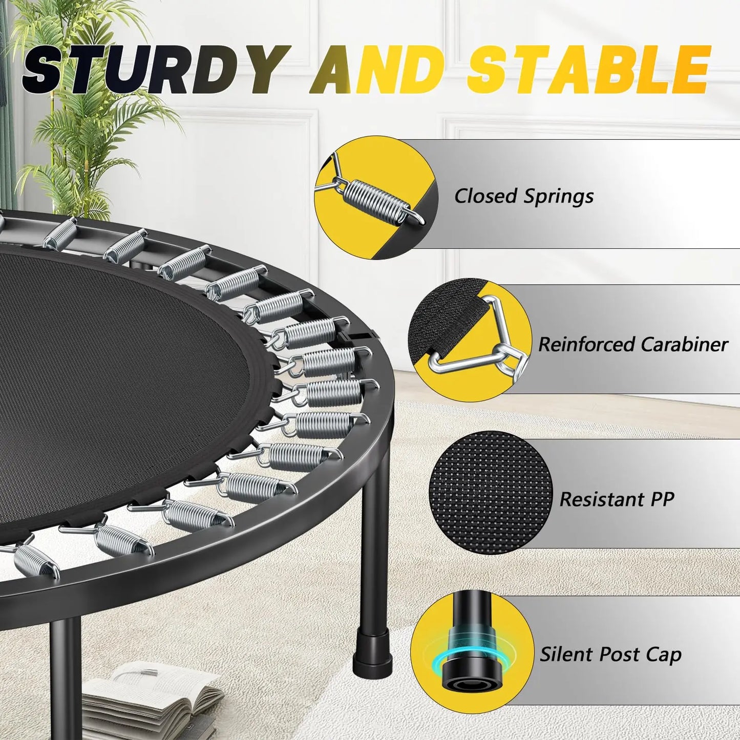 Folding Fitness Rebounder Trampoline With Adjustable U Bar Handle