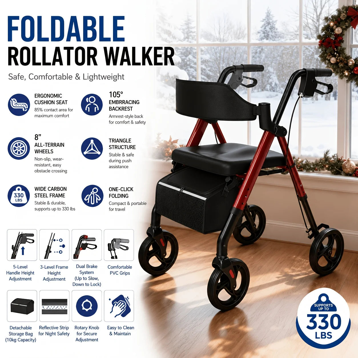 MaiDeSiTe Rollator Walker For Seniors With Seat Foldable Aluminum Frame